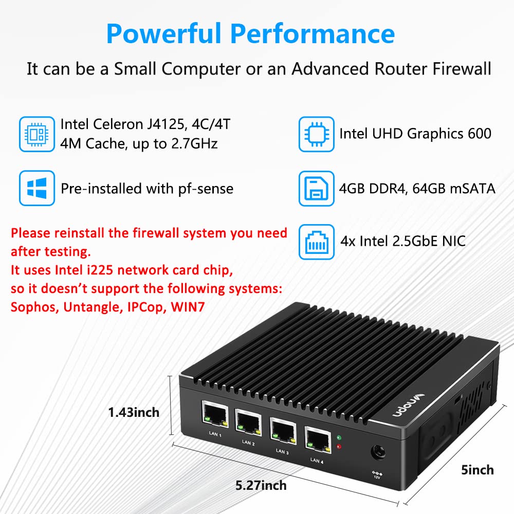 Vnopn Micro Firewall Appliance Intel 2.5Gbe I225 Lan J4125 Quad Core, 4 Ports Fanless Mini Pc Mini Computer 4Gb Ddr4, 64Gb Msata