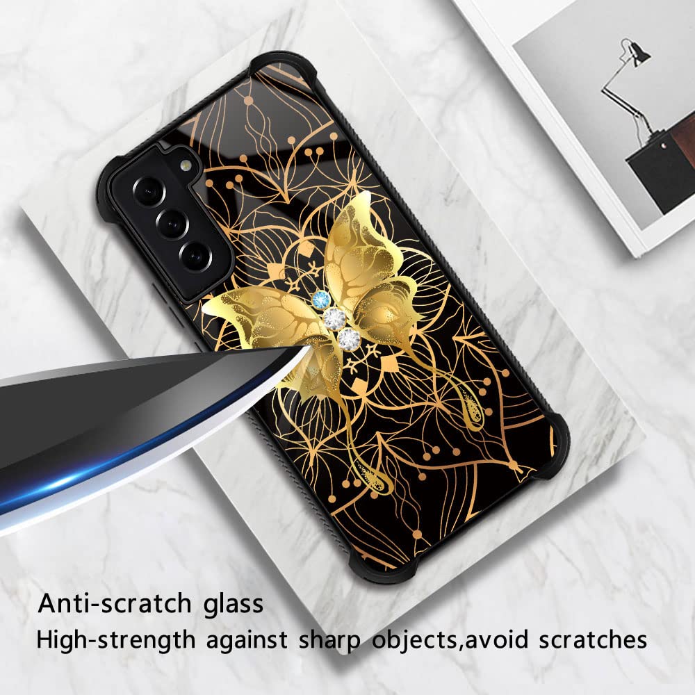 ZHEGAILIAN Samsung Galaxy S21 FE 5G Phone Case Anti-Scratch Shockproof TPU Organic Glass Golden Diamond Butterfly