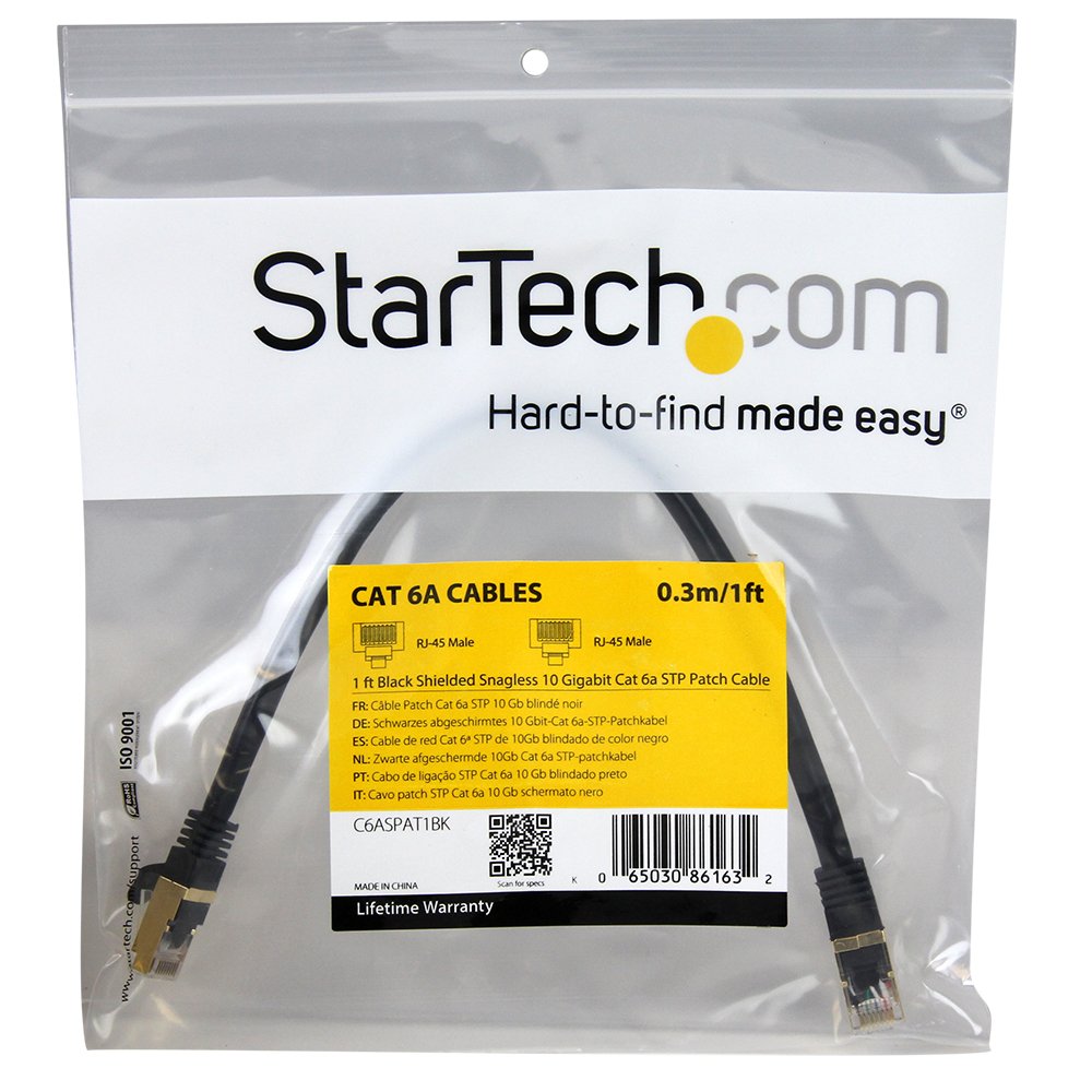 StarTech.com 1ft CAT6a Ethernet Cable   10 Gigabit Shielded Snagless RJ45 100W PoE Patch Cord   10GbE STP Network Cable w/Strain Relief   Black Fluke Tested/Wiring is UL Certified/TIA (C6ASPAT1BK)