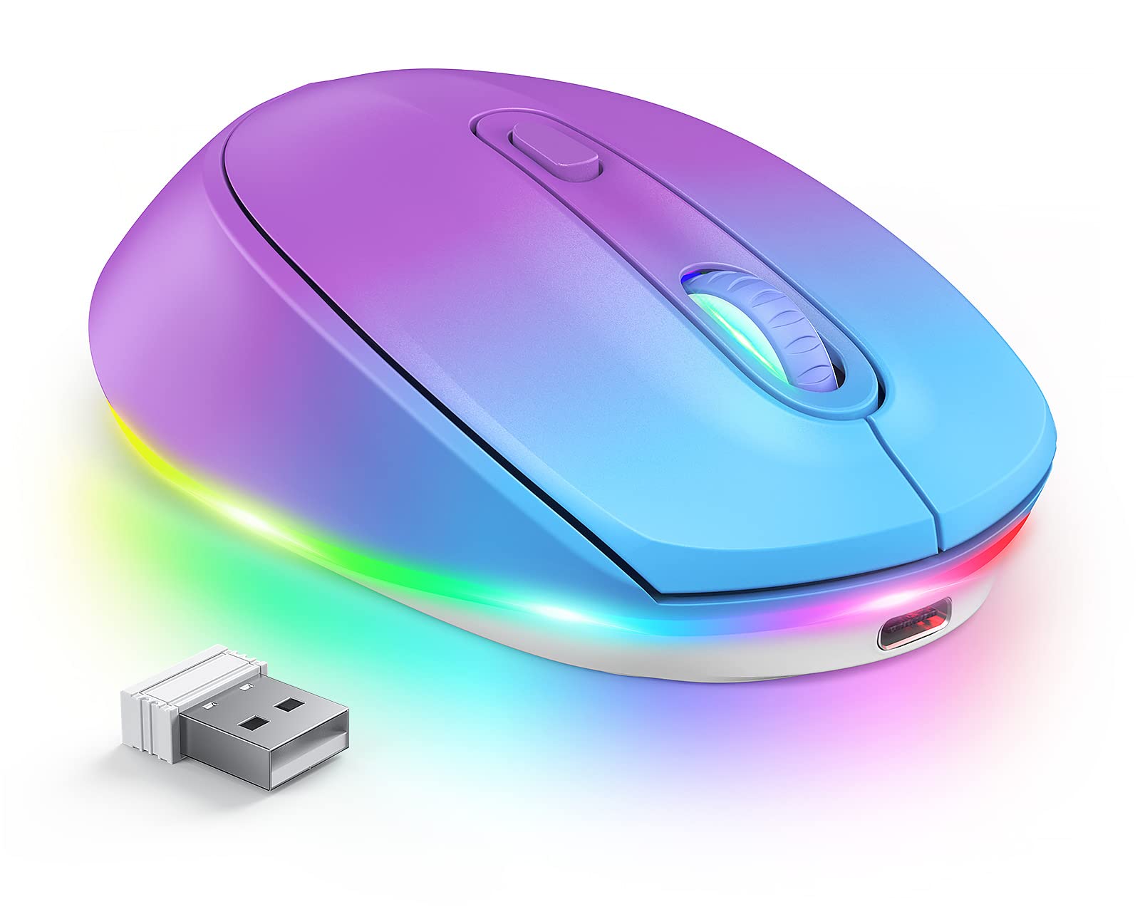 Seenda Wireless Mouse, Rechargeable Light Up Mouse For Laptop, Small Cordless Mice With Quiet Click Led Rainbow Lights For Pc Computer Chromebook Windows Mac, Blue &Purple