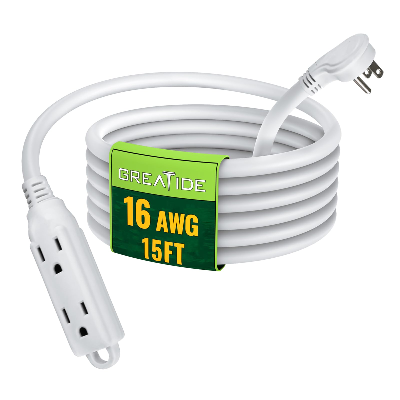 Greatide 15 Ft Flat Plug Extension Cord,16/3 Sjt Indoor Low Profile 3 Outlets Extension Cable With 45 Angled Flat Plug, Multiple