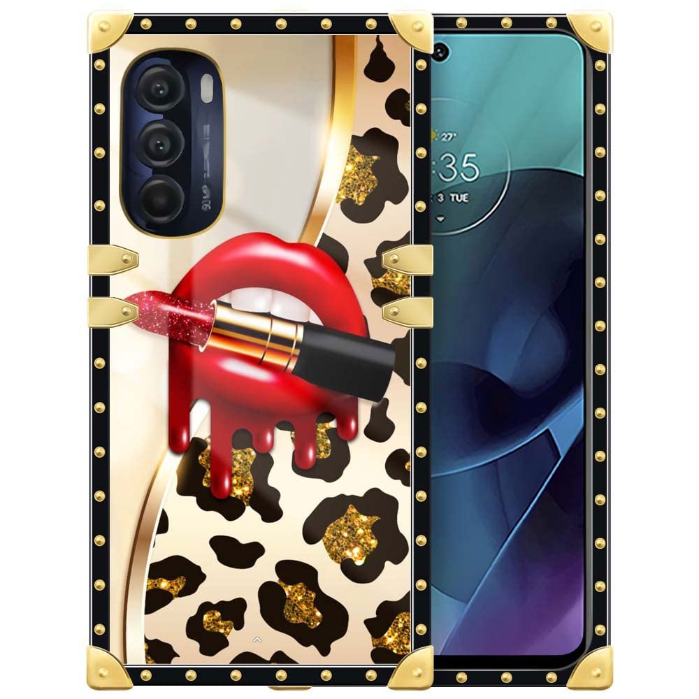 Daizag For Motorola Moto G Stylus 2022 5G Case,Sexy Lips Moto G Stylus 2022 5G Square Gold Decoration Soft Slim Protective Case