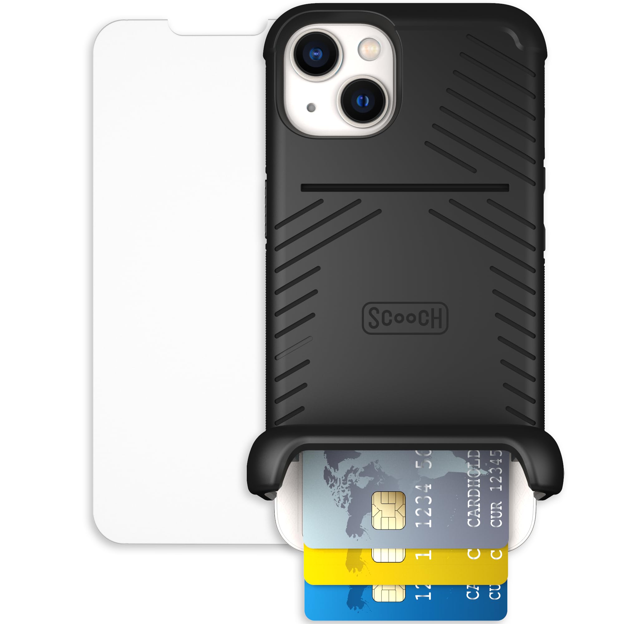Scooch for iPhone 13 Case with Card Holder, Wingmate Wallet Case Black, Bundled with Tempered Glass Screen Protector