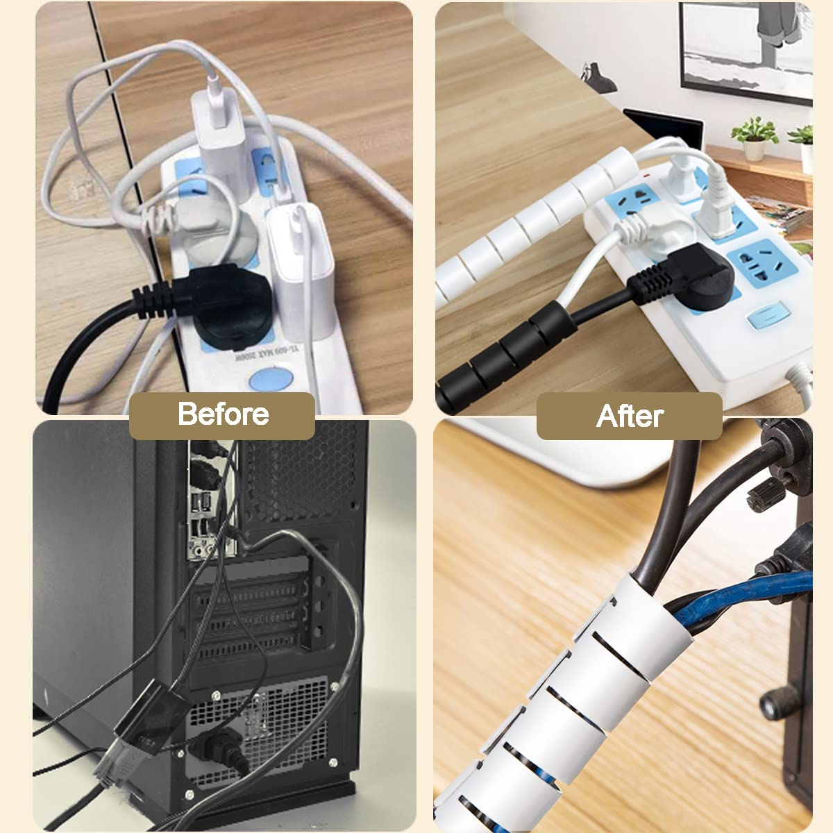 Fanoshon White Cable Management Sleeves 2 Pcs Cord Protectors For Usb Cable Power Audio Video Wire Cables   Protect Cats Dogs Pe