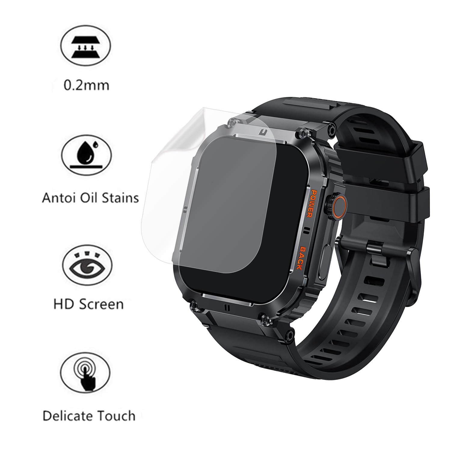 Aemus Screen Protector Compatible For Ypaddbu, Hvlgmrc Military Smart Watch 1.96 Inches (6 Pack) Pet Clear Film Compatible For J