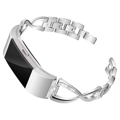 Mtozon Bands Compatible With Fitbit Charge 2, Slim Bling Metal Bands With Rhinestone Replacement Bracelet Women, Silver