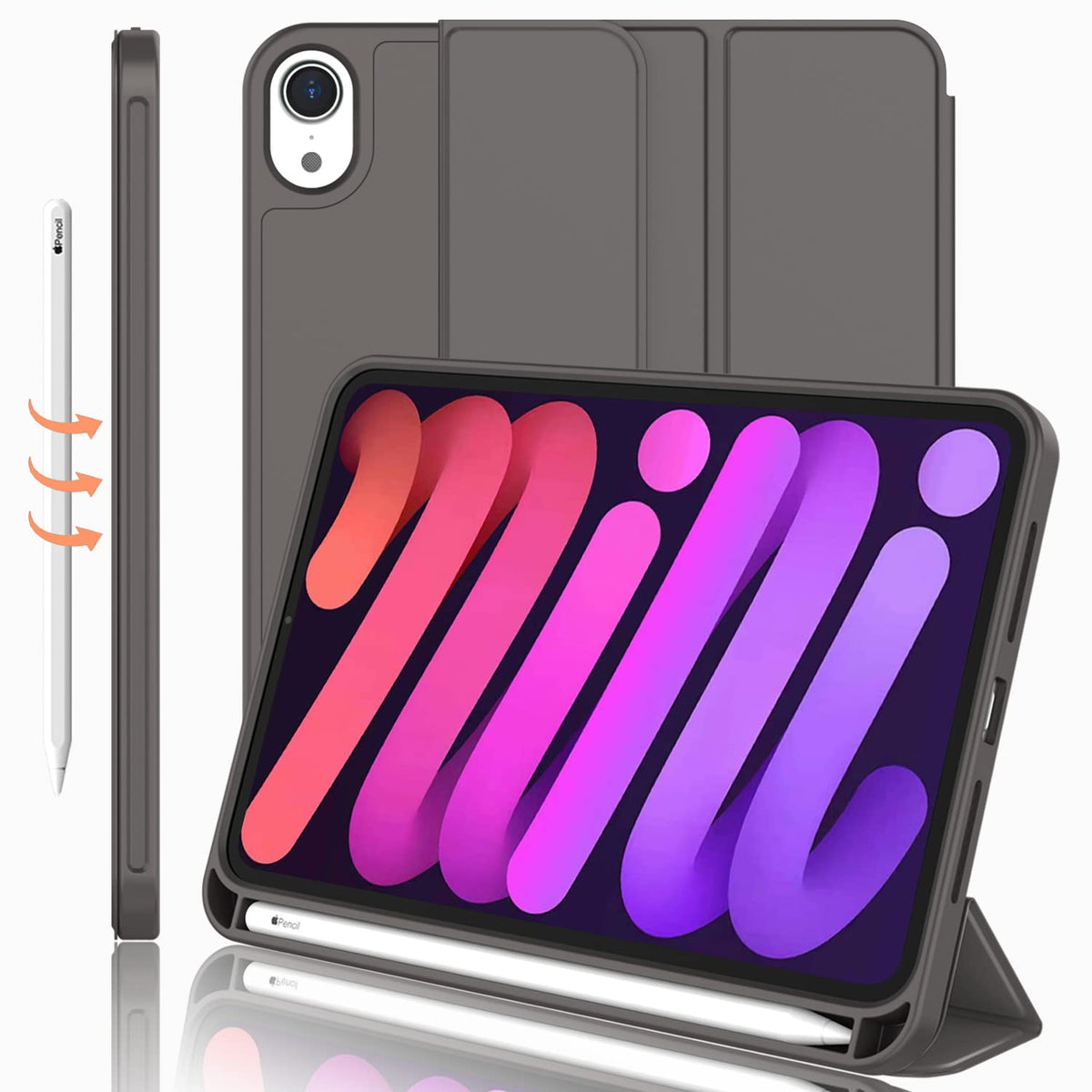 Imieet Ipad Mini 7 Case 2024 (A17 Pro), Ipad Mini 6 Case (8.3 Inch,2021 Model), Ipad Mini 7Th/6Th Generation Case With Pencil Holder, Trifold Stand Smart Case With Soft Tpu Back,Space Gray