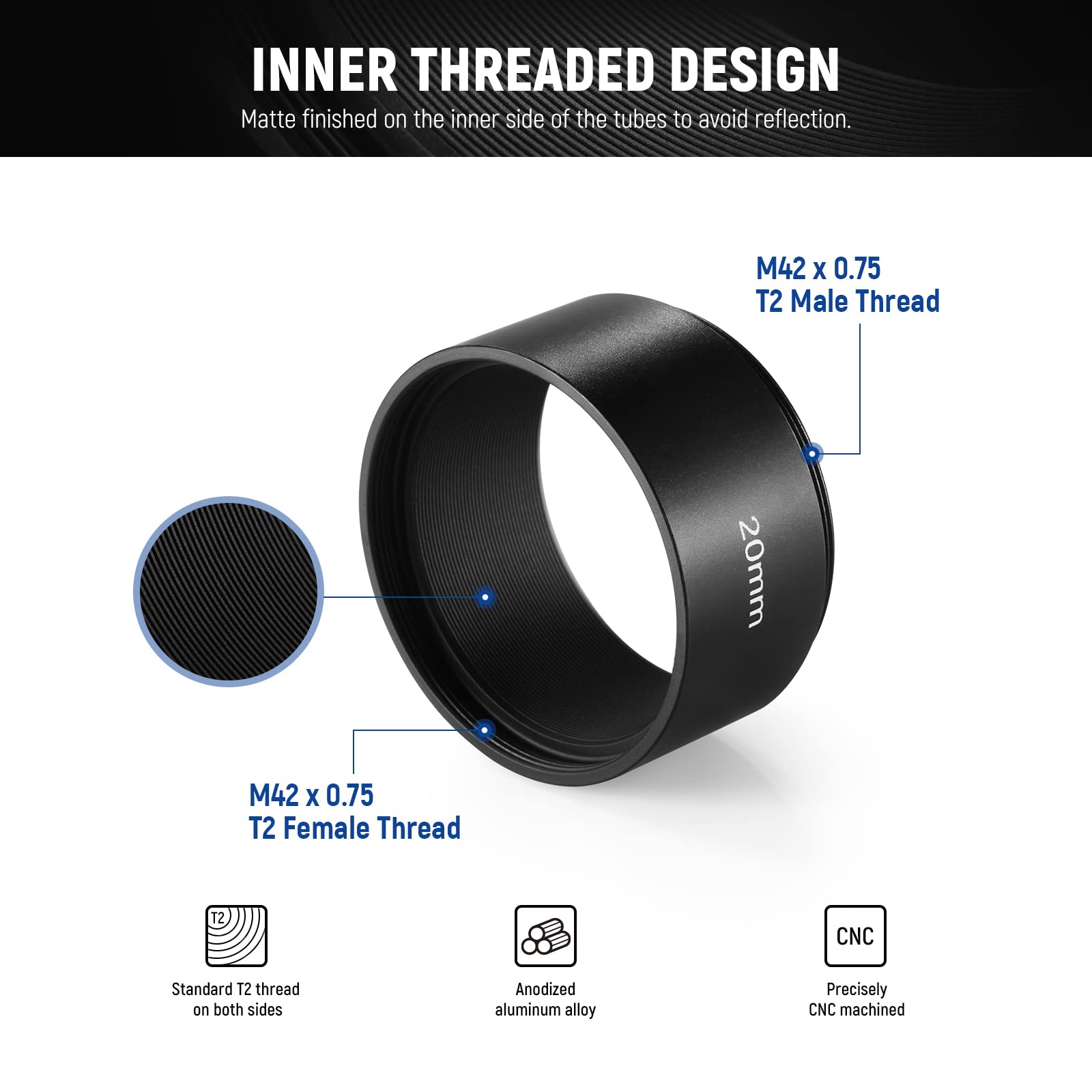 Neewer 4 Pcs T2 Extension Tube Kit, 5Mm 10Mm 15Mm 20Mm Extension Tube With Double Sided M42X0.75Mm Thread, Telescope Accessory F