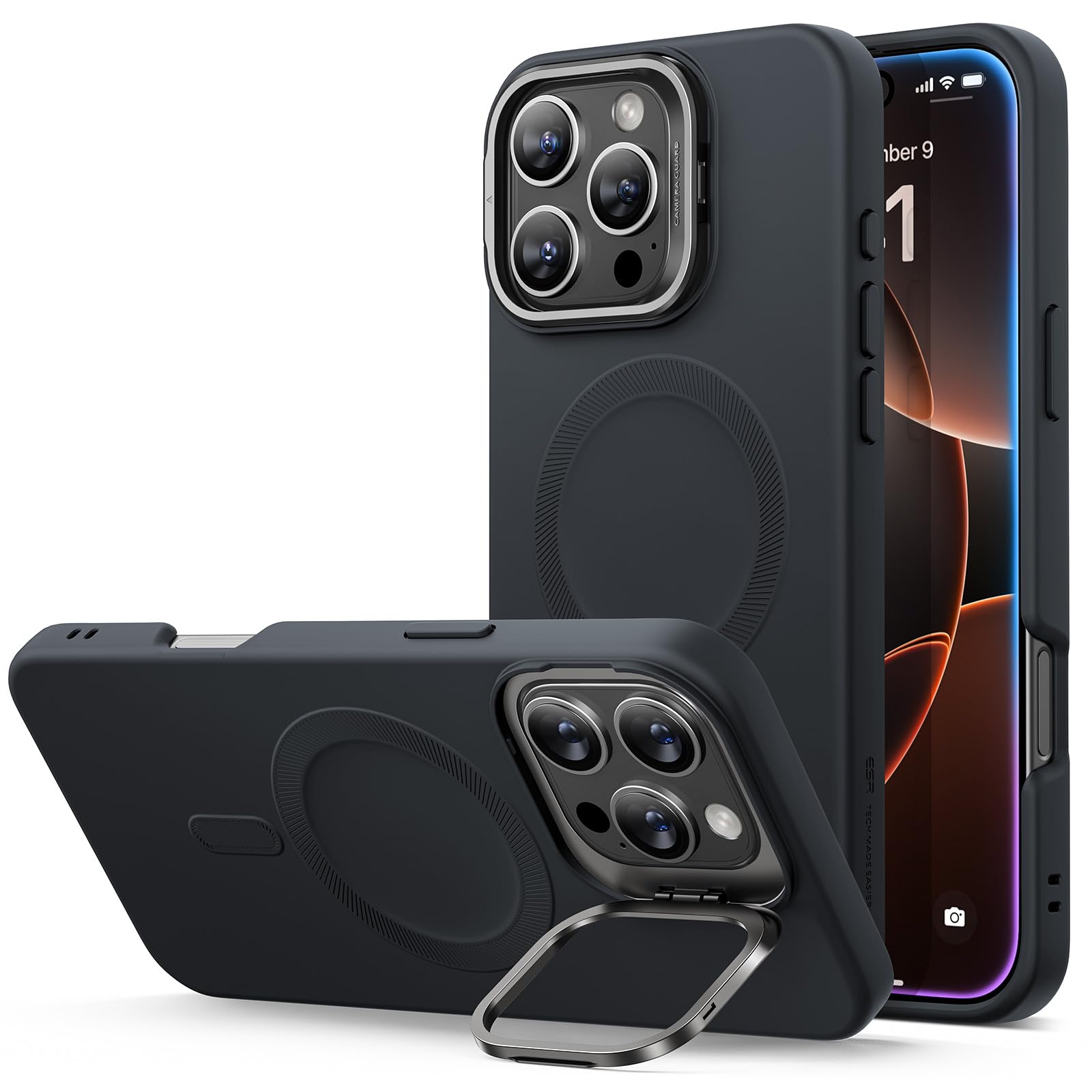 ESR for iPhone 16 Pro Case, Silicone Case with Stand, Compatible with MagSafe, Military-Grade Protection, Built-in Camera Stash 