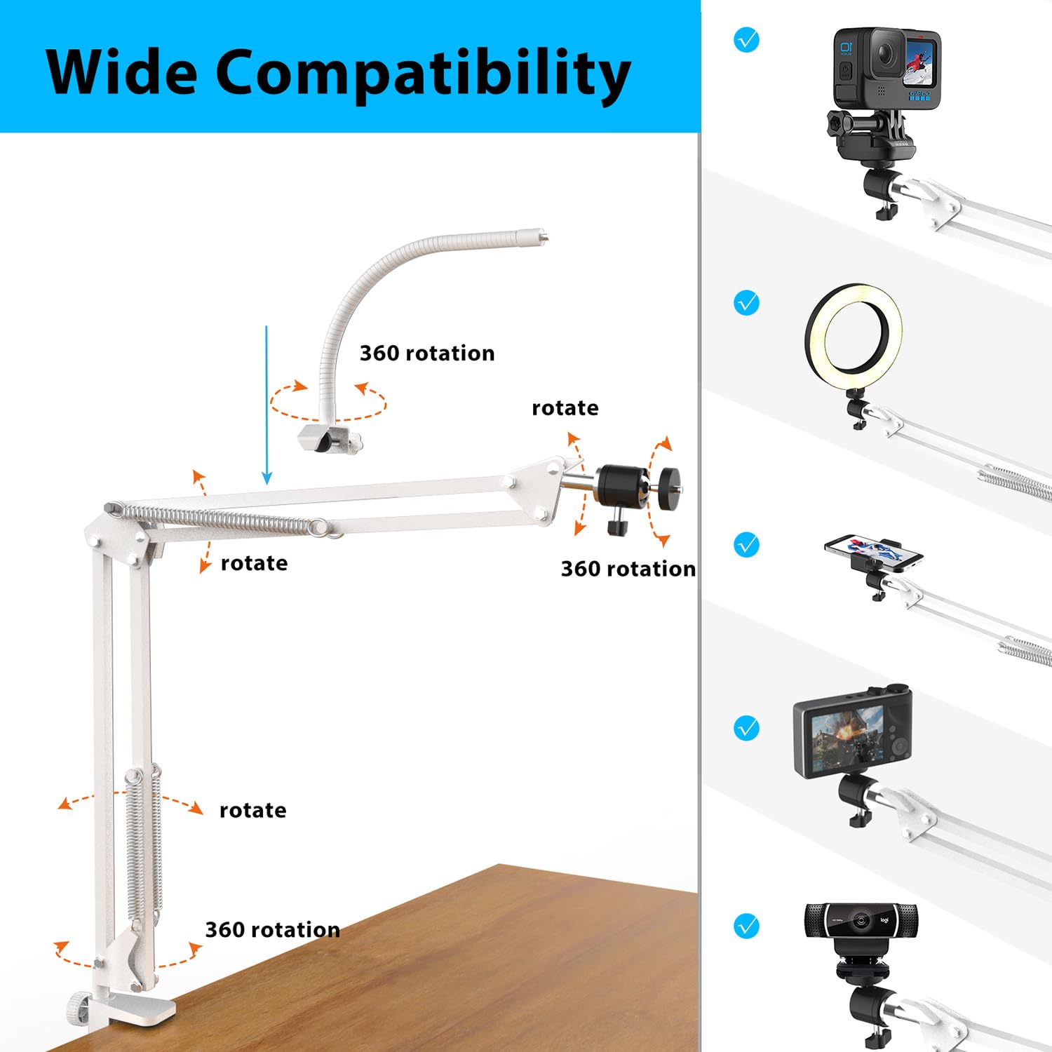 Pozliv White Overhead Camera Mount With Ring Light, Desk Flexible Articulating Phone Arm Stand Compatible With Iphone, Content C