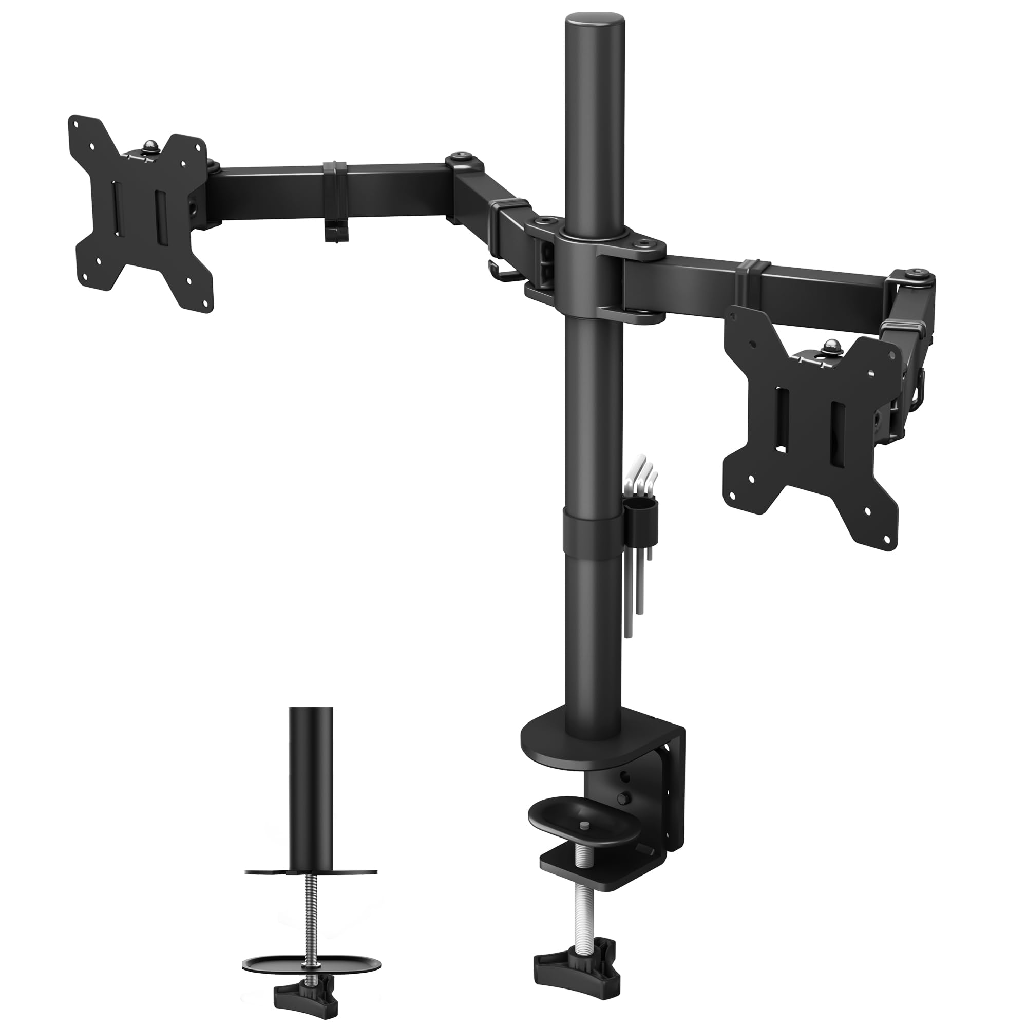BONTEC Dual Monitor Desk Mount, Full Motion Adjustable Monitor Stand for 13-27 Inch Screens, Heavy Duty Arms Hold Up to 22 lbs E