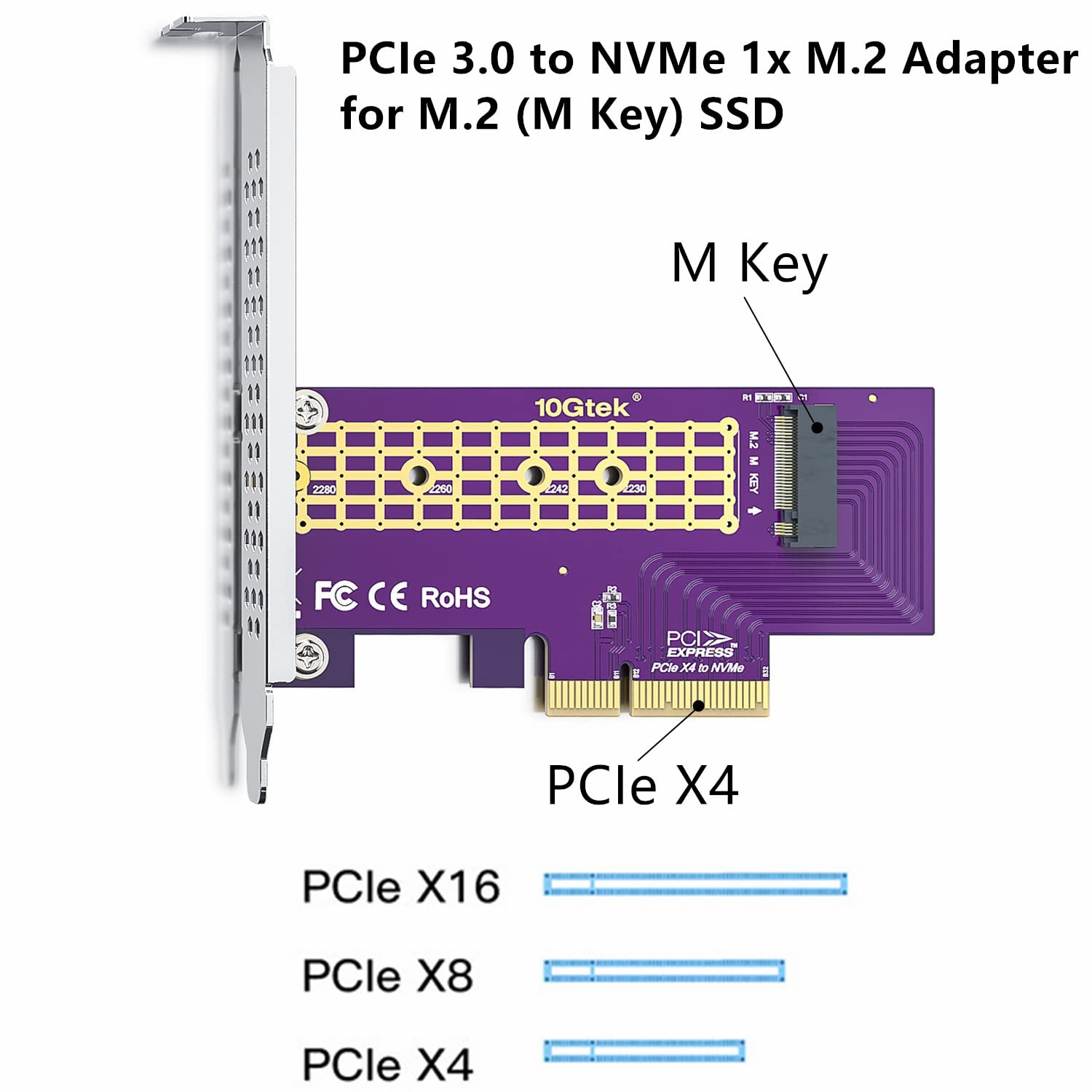 Pcie To M.2 Adapter, Pcie 3.0 X4 To Nvme M.2 Adapter (1 Port) For M.2 (M Key) Ssd,Supports M.2 Ssds (Nvme And Ahci): 2230, 2242,
