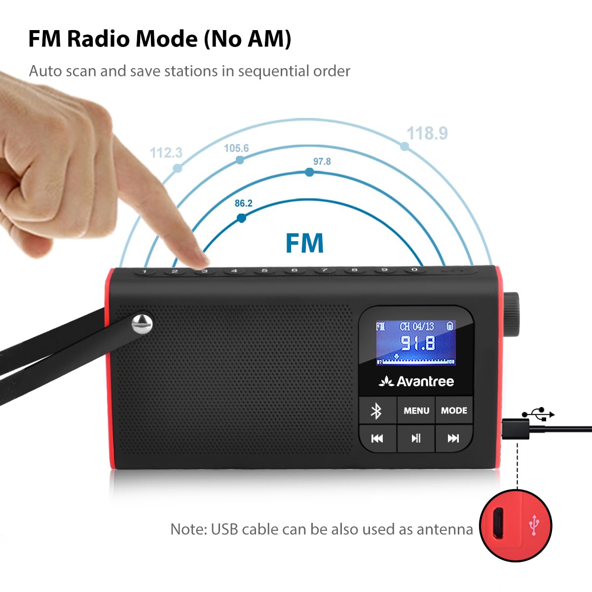 Avantree Sp850 Rechargeable Portable Fm Radio With Bluetooth Speaker And Sd Card Mp3 Player 3 In 1, Auto Scan Save, Led Display,
