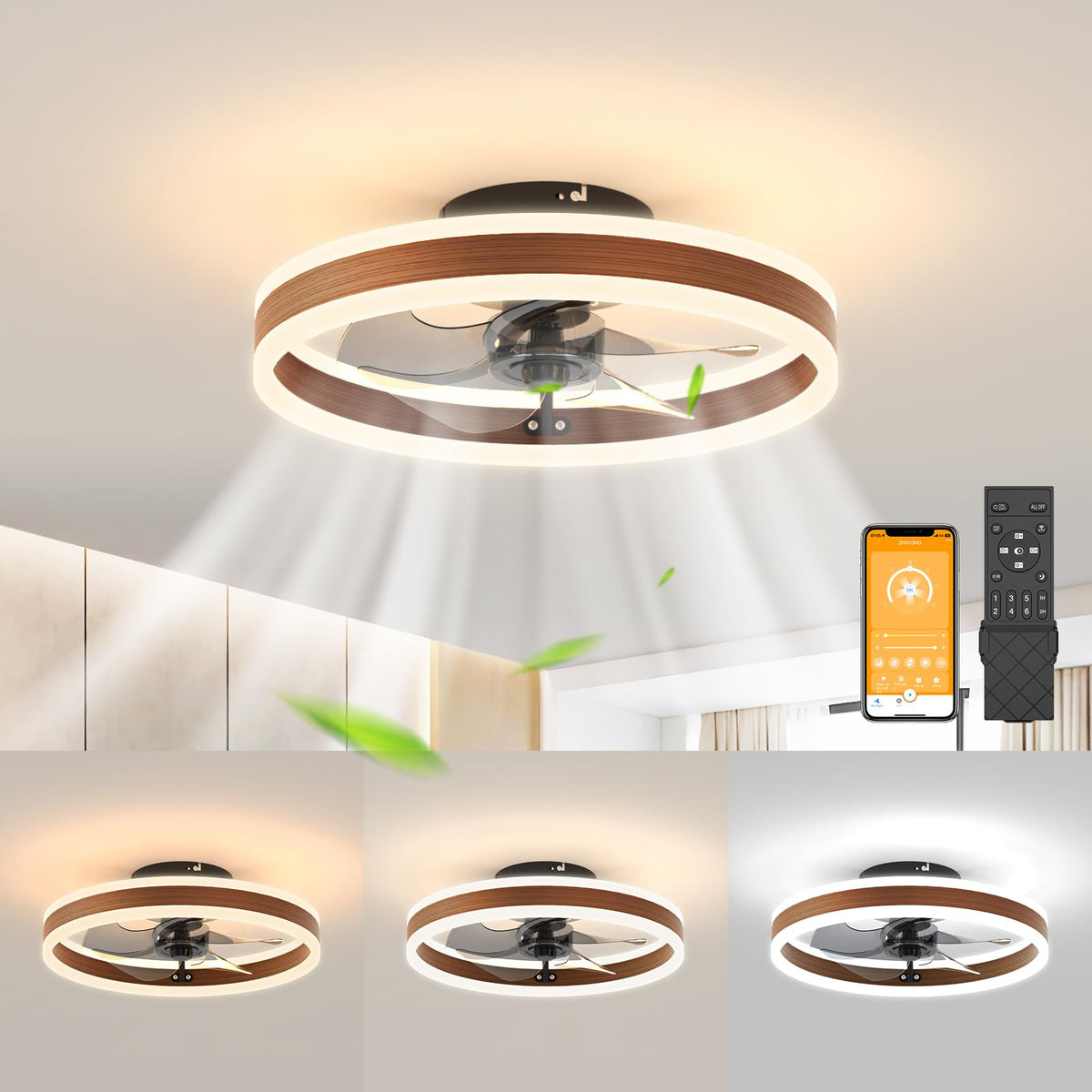 Jofios Low Profile Ceiling Fans With Lights,15.7In Flush Mount Ceiling Fan With Remote,Stepless Dimmable Ceiling Fans For Bedroo