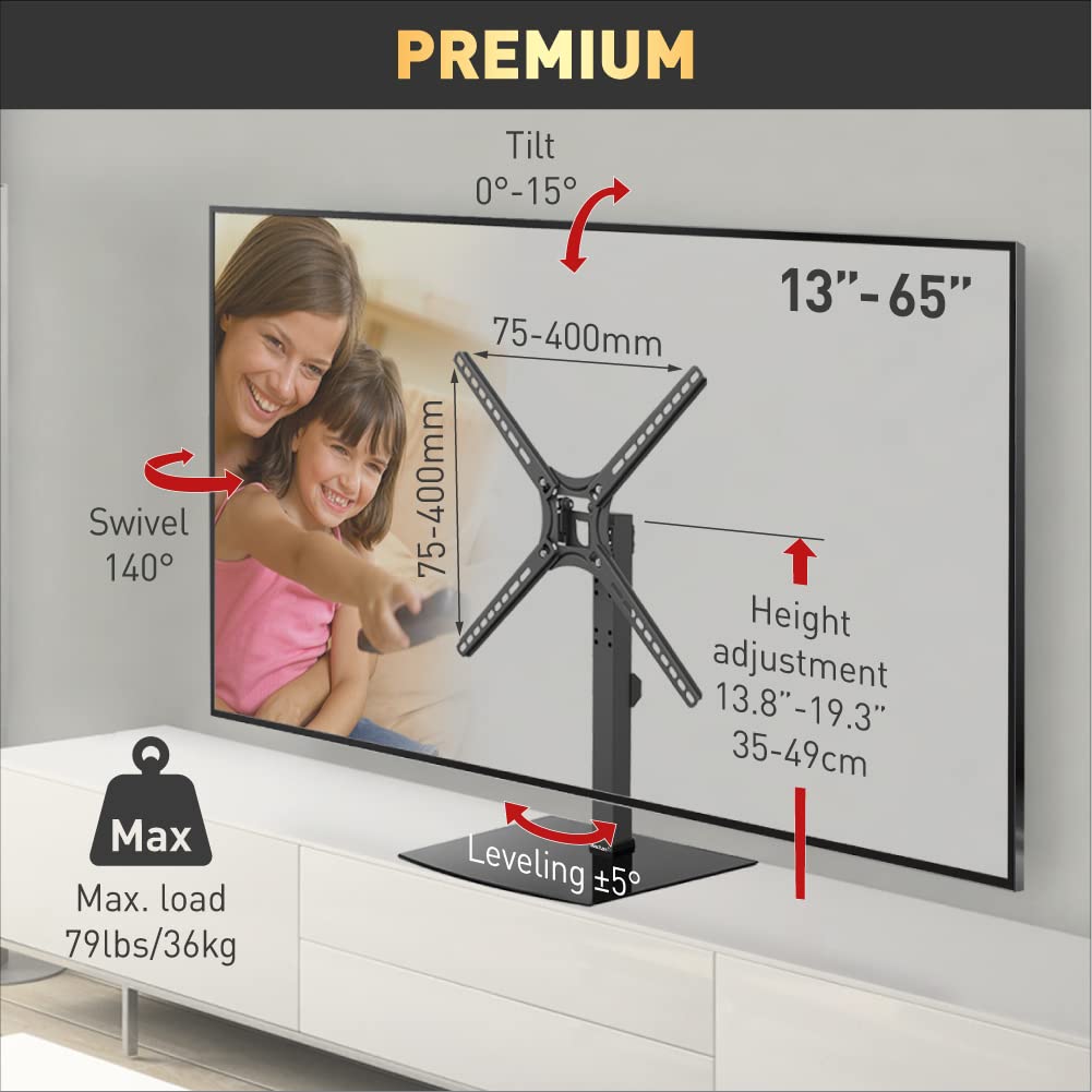 Barkan Tabletop Tv Mount, 13 65 Inch Swivel & Tilt Flat/Curved Tv Stand Base, Holds Up To 36Kg, Patented, Tempered Glass, Fits Led Oled Lcd