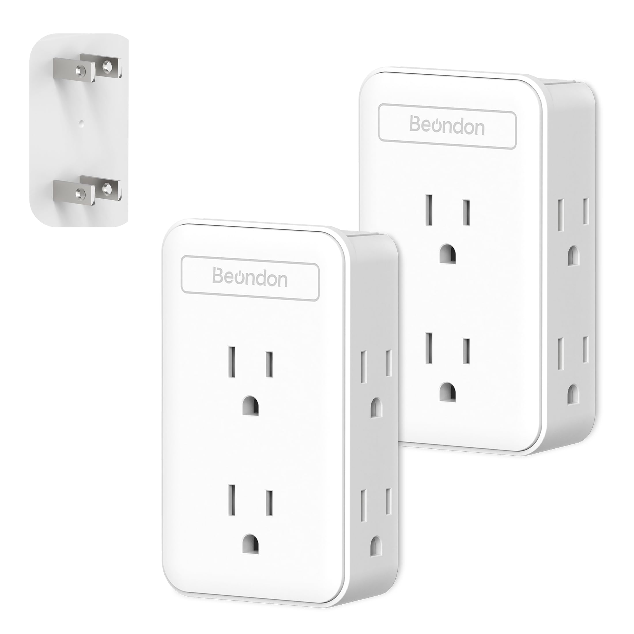 BEONDON 2 to 3 Prong Outlet Adapter; 2-Pack Flat Outlet Extender with 6 AC Outlets; 3-Sided Plug Extender for Non-Grounded Outle