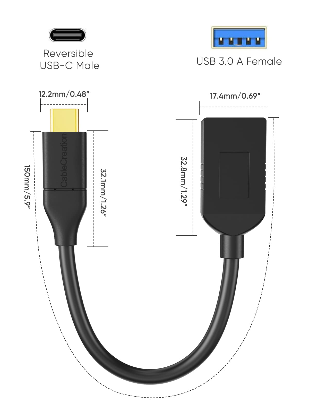 Cablecreation 2-Pack Usb Female To Usb C Adapter 0.5Ft/0.15M, Braided Usb C To Usb A Female Adapter Otg 5Gbps Data, Usb A To C C