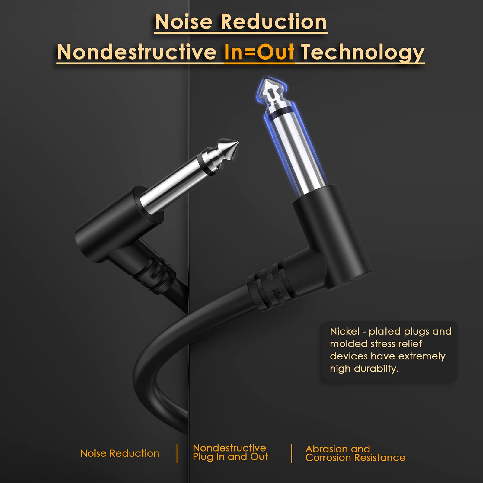 Sovvid 3 Pack 12 Inch Guitar Patch Cables, Black Guitar Pedal Cable Effect Cable Cord, 1/4'' Inch Ts Right Angle Guitar Patch Ca