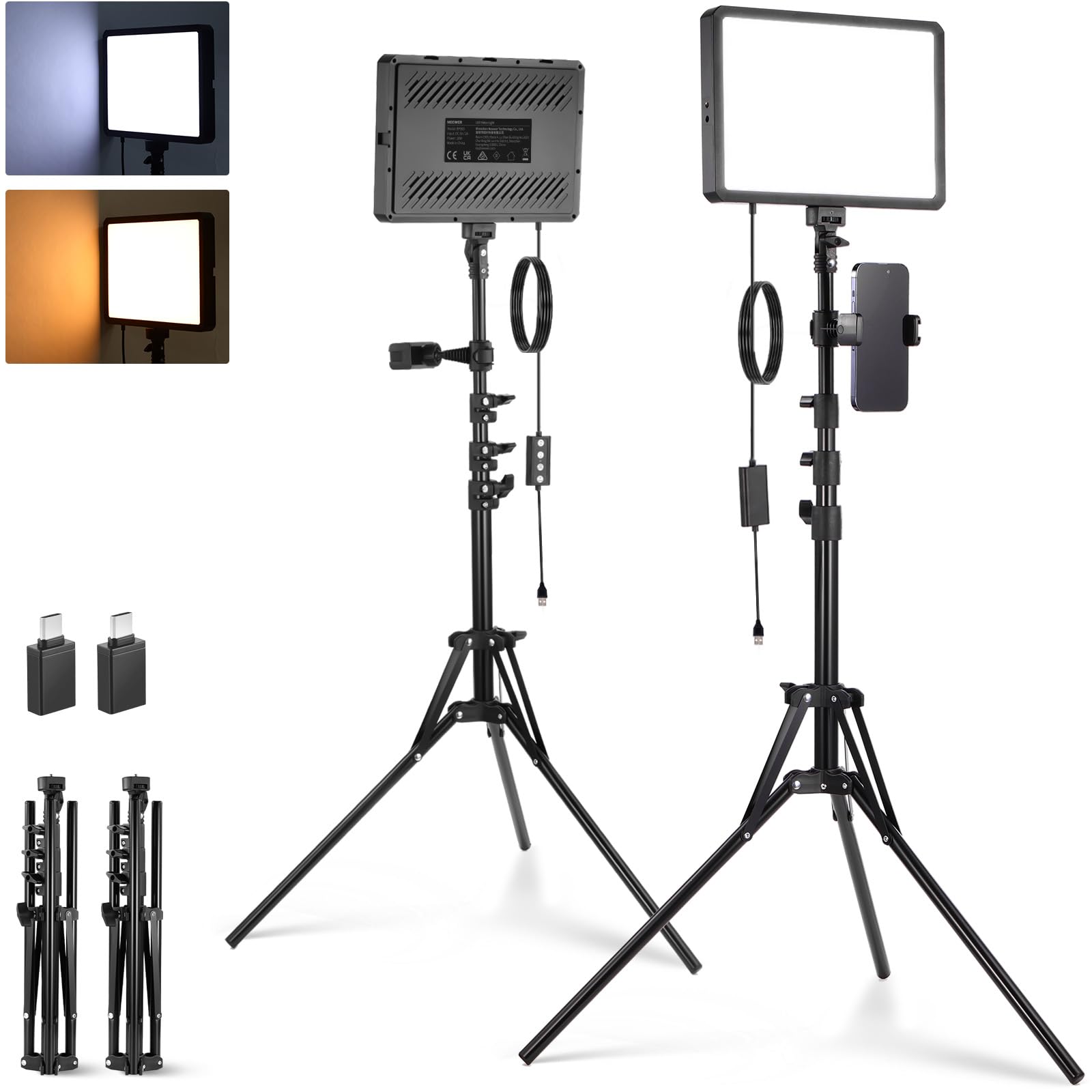 NEEWER BASICS 2 Pack LED Video Light Panel Lighting Kit with 2 59 Stands & 2 Phone Holders, 850lx/0.5m Bi Color 2700K-6500K Di