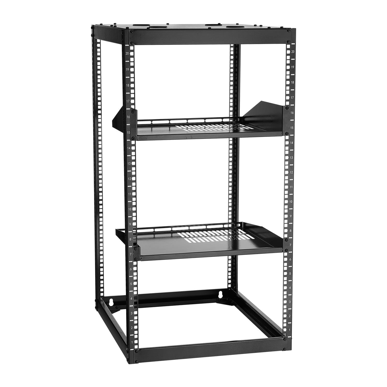 VEVOR 20U Server Rack, Open Frame Network Rack,4-Post Floor Standing or Wall Mounted, Includes 2PCS Vented 1U Rack Shelves & Mou