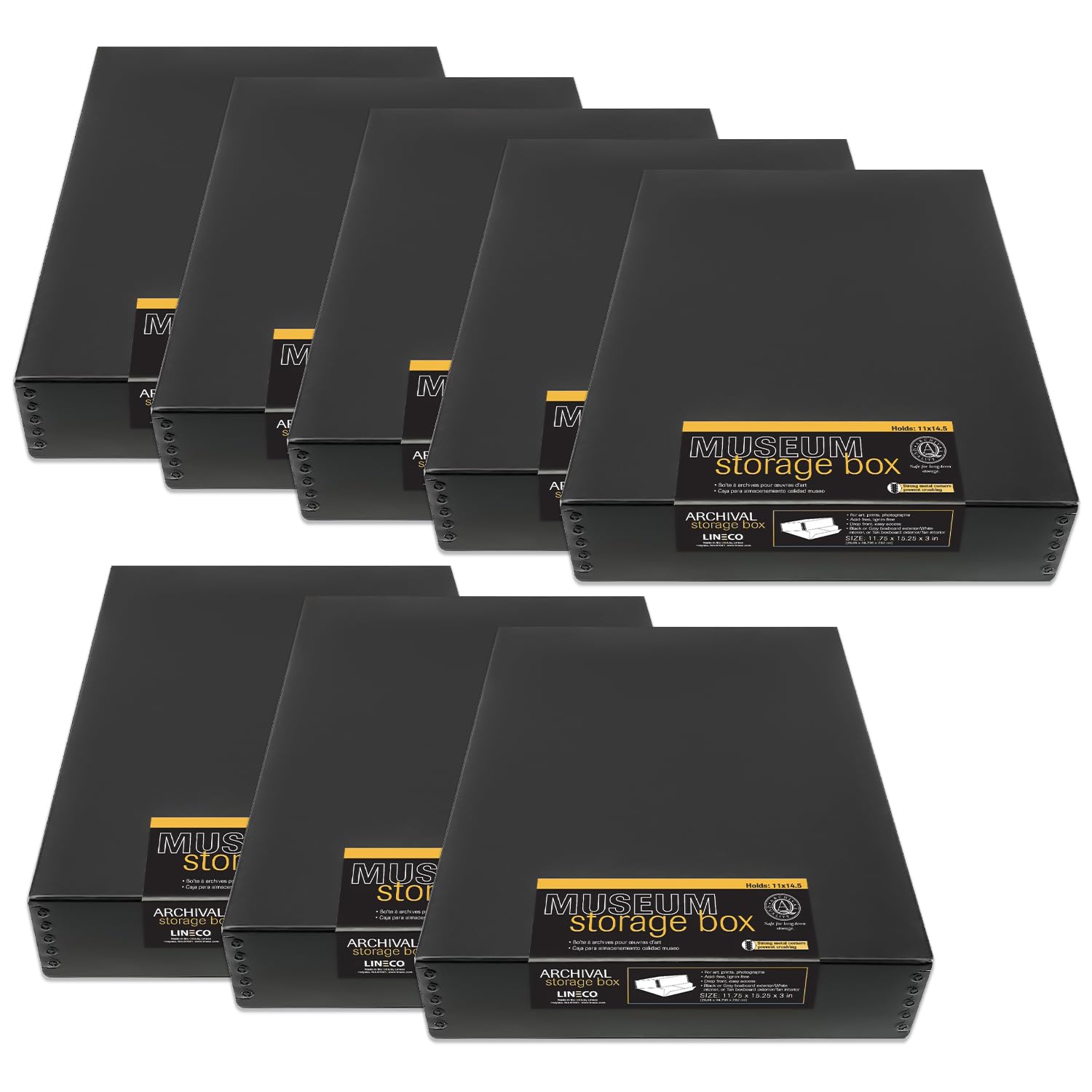 Lineco Museum Archival Storage Box, 11.75X15.25X3 In. Drop Front Design. Acid Free With Metal Edge. Organize Photos, Pictures, Prints, Documents, Crafts, Diy. Black, 8 Pack