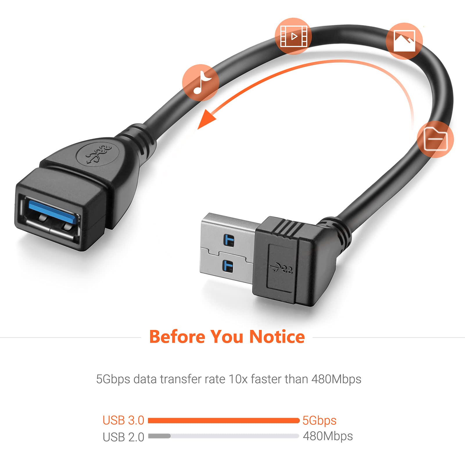 Willizter Short Usb 3.0 Extension Cable, 2 Pack Superspeed Usb 3.0 Angle Male To Female Extension Cable 6 Inch Convertor Adapter