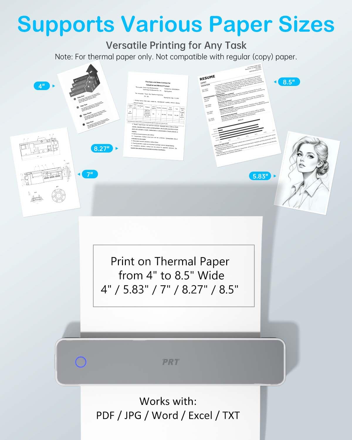Prt Inkless Portable Printer For Travel, Wireless Thermal Printer Support 8.5 X 11 Inch Us Letter A4 B5, Bluetooth Mobile Printe