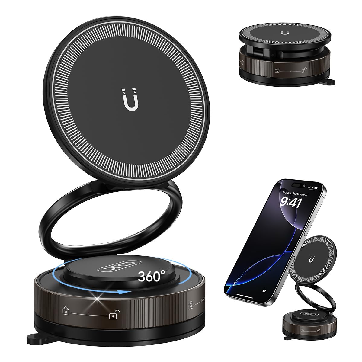 Vacuum Suction Car Phone Holder, 360Rotation Adjustable Magnetic Cellphone Mount Foldable Car Phone Stand Strong Suction Cup Pho