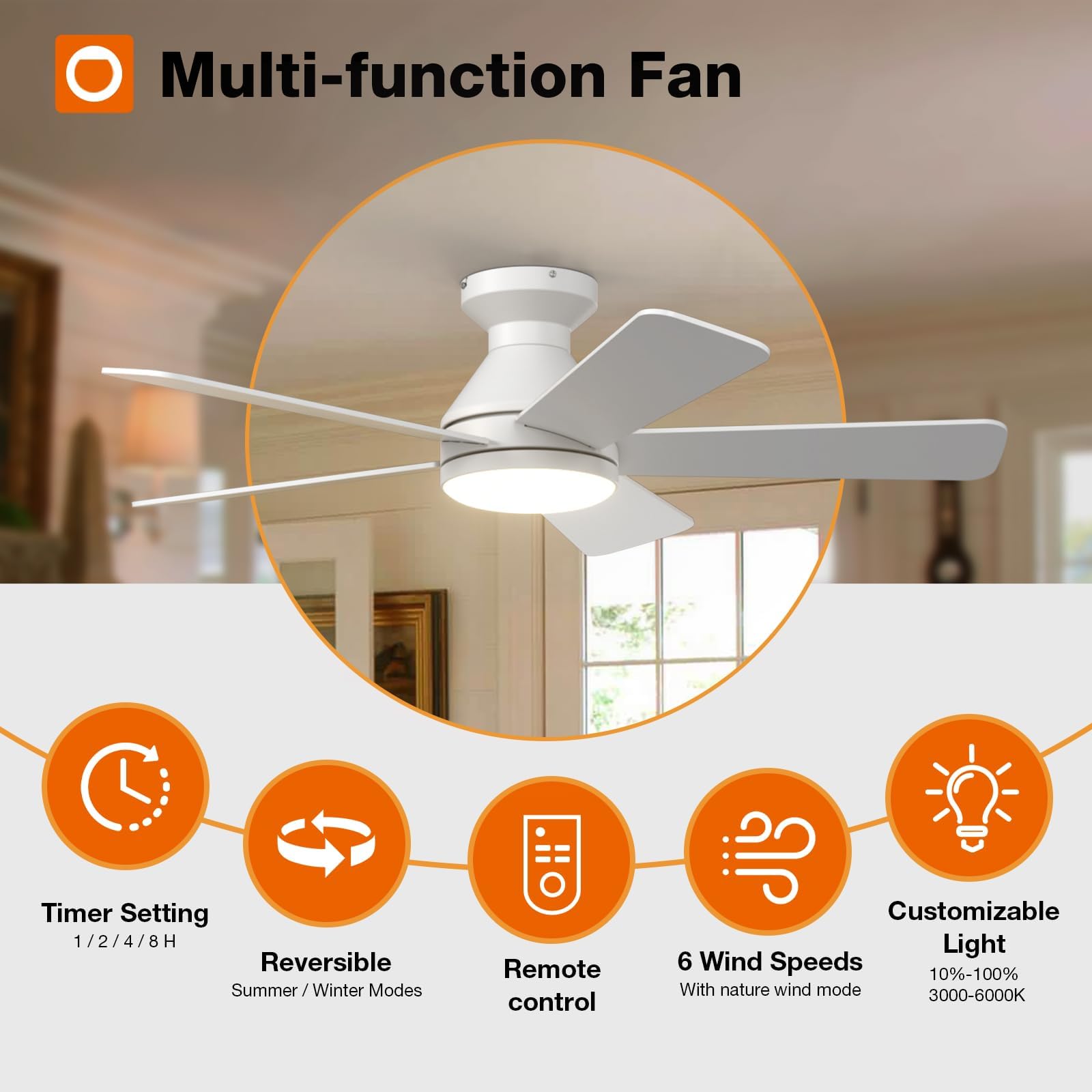 Addlon Ceiling Fans With Lights, 42 Inch Low Profile Ceiling Fan With Light And Remote Control, Flush Mount, Reversible, 3Cct, D