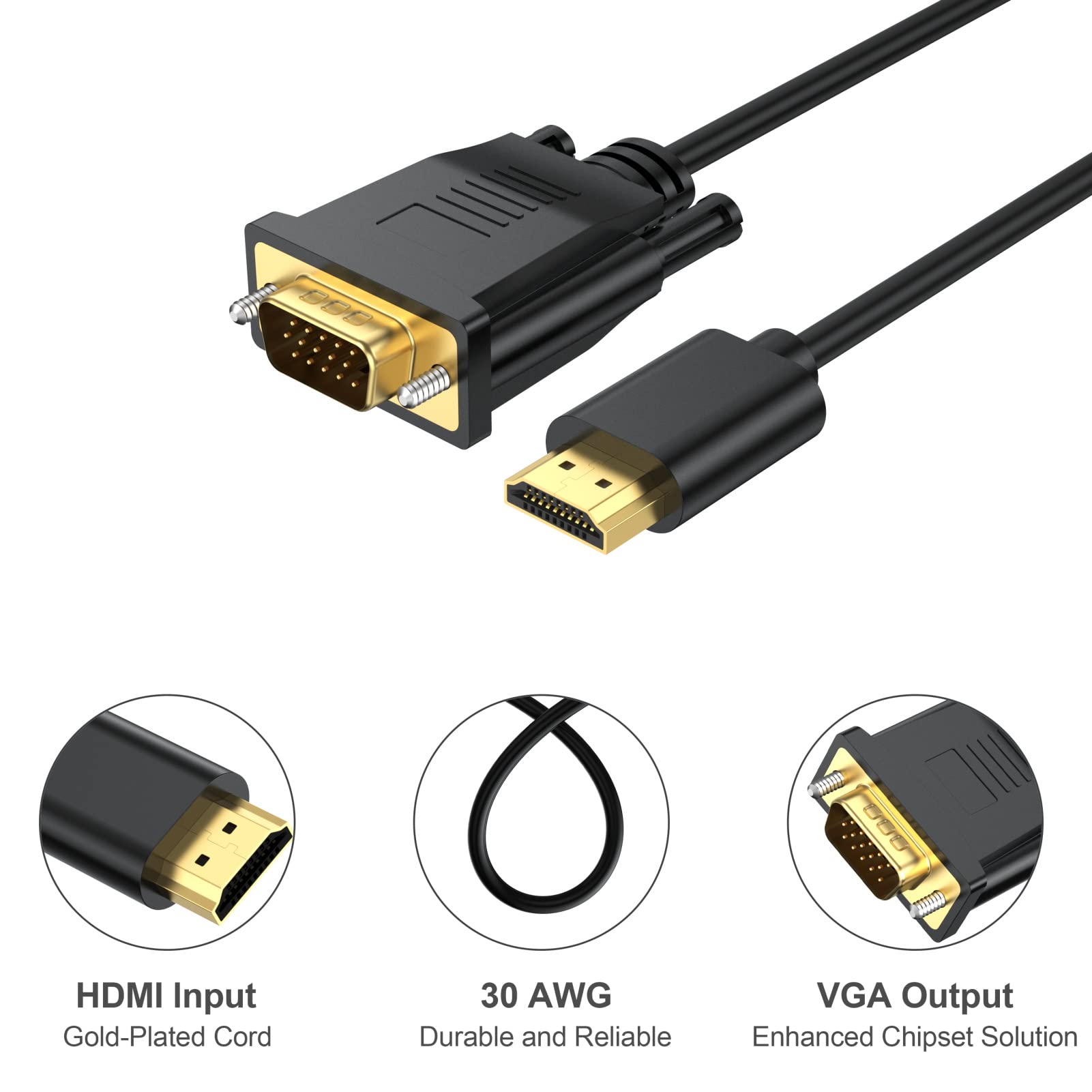 Hdmi To Vga Cable 6 Feet, Hdmi To Vga Uni Directional 1080P Hd Video Cord Compatible For Computer, Desktop, Laptop, Pc, Monitor,