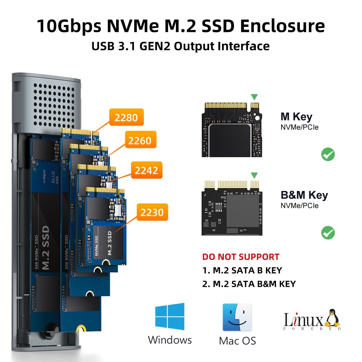 Maiwo M.2 Nvme Ssd Enclosure, Usb 3.1 Gen2 10Gbps Support Uasp Trim, 4Tb Capacity, Tool Free M.2 Nvme Pcie Ssd To Usb C Adapter Reader Case