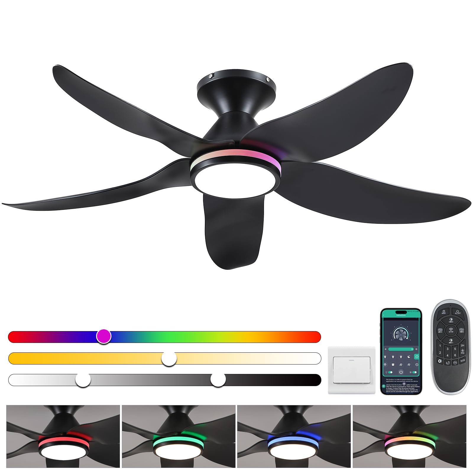 46'' Ceiling Fans With Lights Remote/App Control, Low Profile Ceiling Fans With Dimmable White Colors+Ring Rgb Lights, 6 Speeds