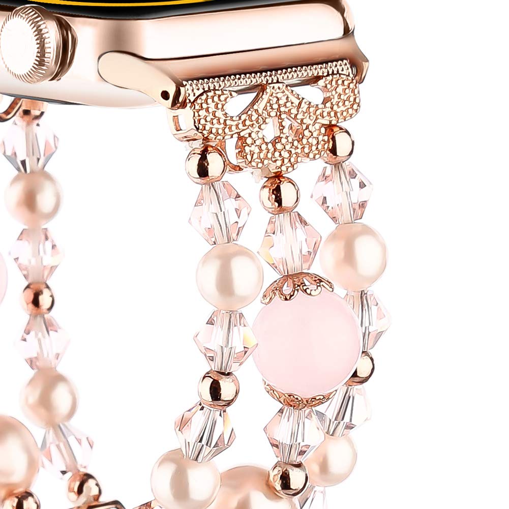 Fohuas Compatible Apple Watch Bracelet Band Beaded 42Mm 44Mm 45Mm 49Mm, Crystal Pearl Iwatch Band,Women Girl Adjustable Jewelry