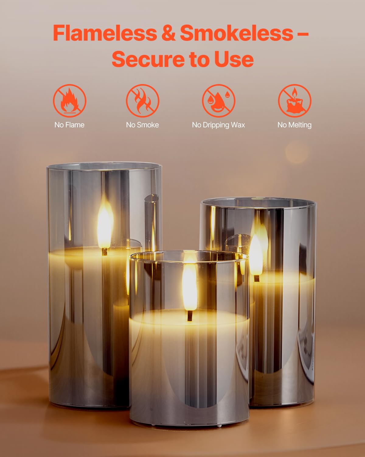 Vevor Gray Flickering Flameless Candles, Set Of 3 Battery Operated Flameless Led Candles With 10-Key Remote And Timer, Real Wax