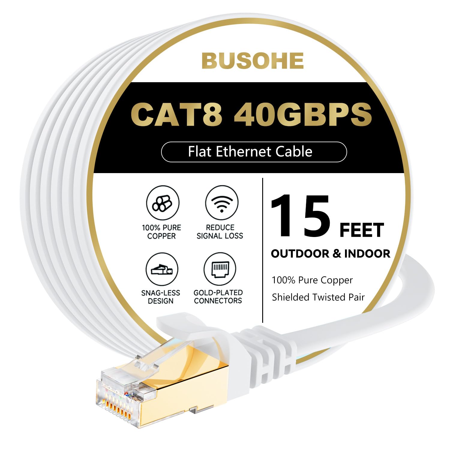 BUSOHE Cat 8 Ethernet Cable 15 FT, 40Gbps 2000Mhz High Speed Flat Cat8 Cable Patch Cord with Gold-Plated RJ45 Connector, LAN Net