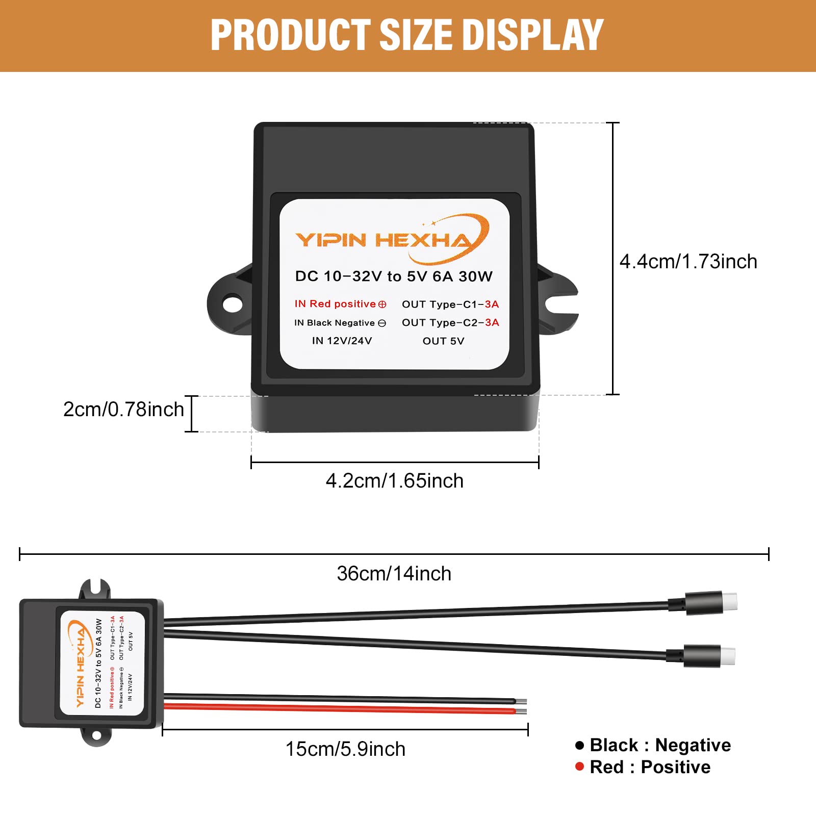 YIPIN HEXHA DC 12V/24V to 5V 6A 30W Dual Type-C USB C Converter Power Adapter - Black Step Down Charging Module