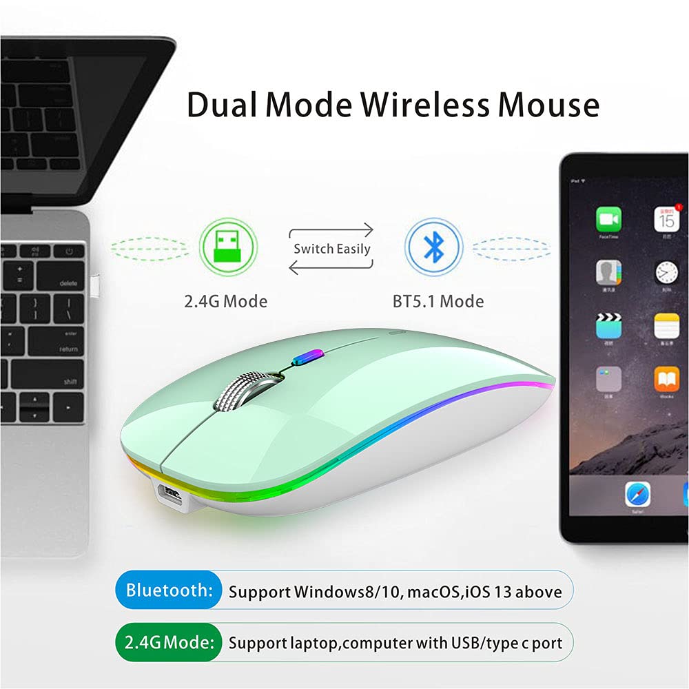 Tenmos Wireless Bluetooth Mouse, Led Slim Dual Mode (Bluetooth 5.1 + Usb) 2.4Ghz Rechargeable Silent Bluetooth Wireless Mouse For Laptop/Macbook/Ipad Os 13 And Above (Mint Green)