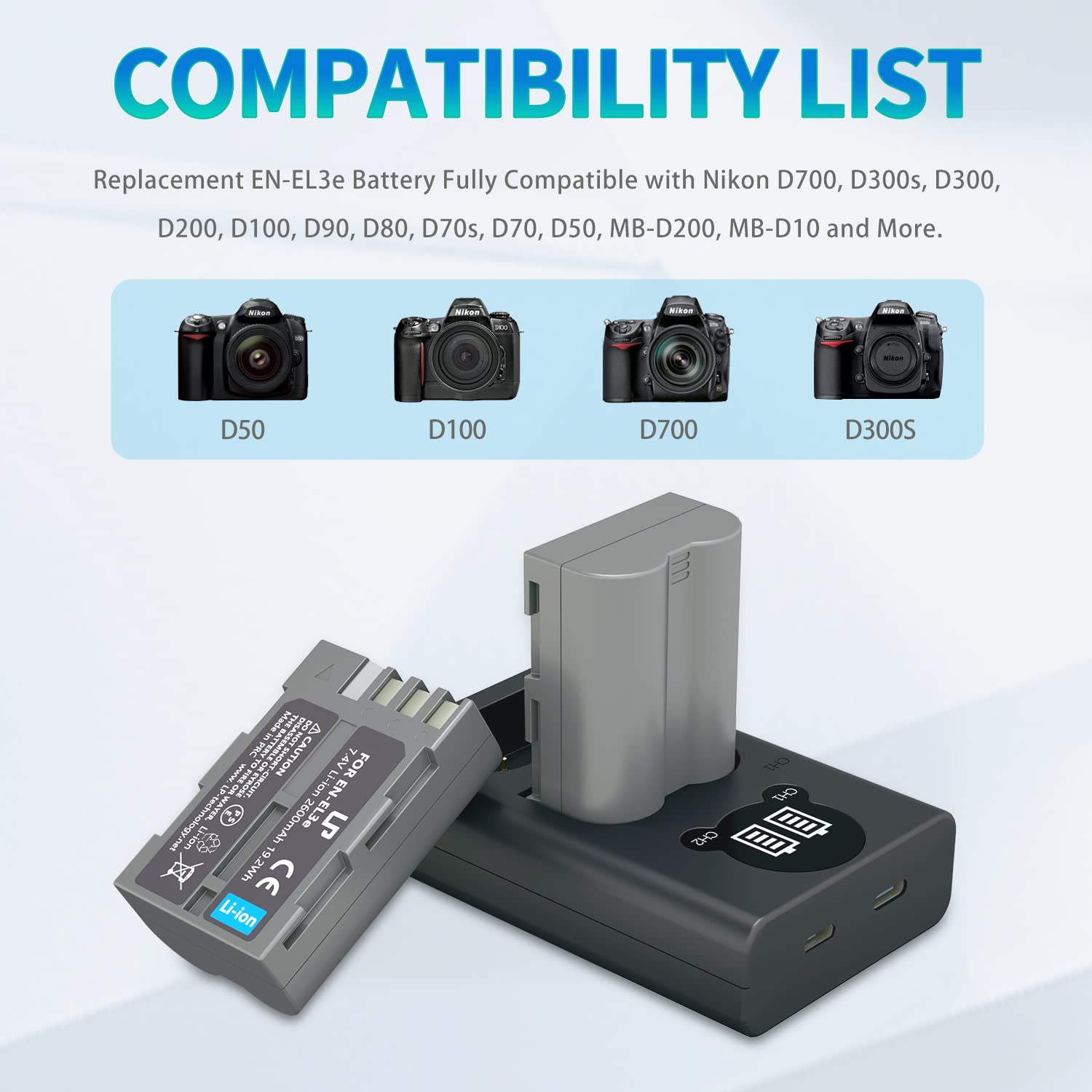 En El3E Battery 2 Pack And Lp Dual Usb Charger With Display For Nikon En El3E, El3, El3A, Mh 18, Mh 18A, Mh 19, Compatible With