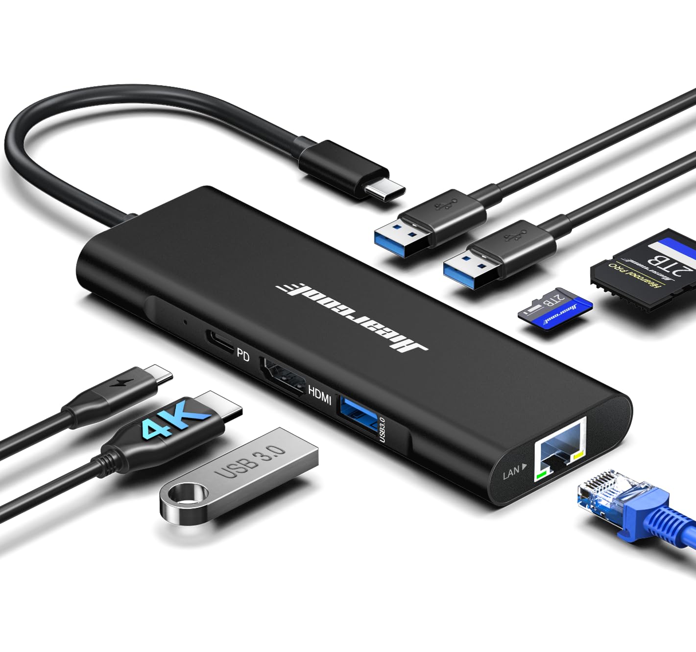 Hiearcool USB C Hub, USBC to 4K@60 Hz HDMI Adapter with 100W PD, 8-in-1 USB-C Dongle Multiport Dock Compatible for MacBook Dell 