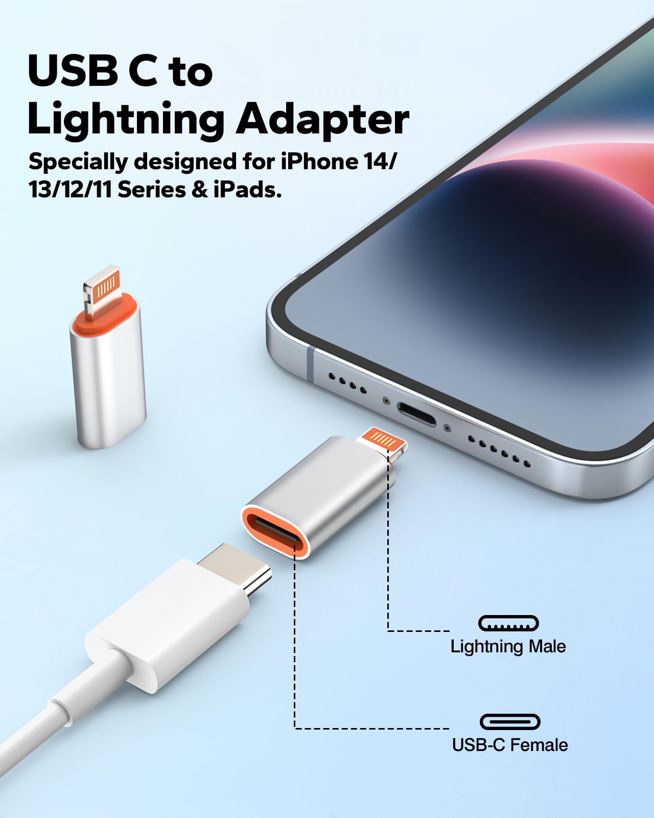 MoKo USB C to Lightning Adapter, 2 Pack USB C Female to Lightning Male Adapter Supports 27W PD Fast Charging Data Transfer for iPhone 14/13/12/11/XS/XR/SE, iPad/iPod/AirPods, Not for Audio/OTG, Silver