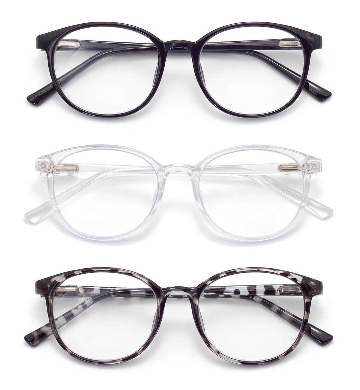 FoxMook 3-Pack Blue Light Blocking Glasses Round Women Men Computer Glasses Anti Eye Strain/UV/Glare Gaming Glasses, Black Gray-