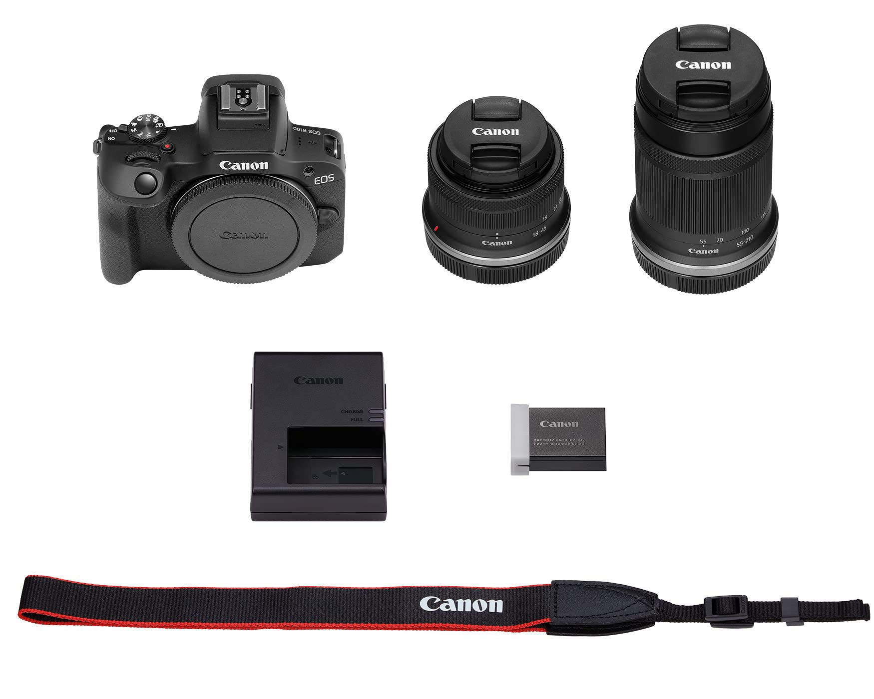 Canon EOS R100 Mirrorless Camera RF S18 45mm F4.5 6.3 is STM & RF S55 210mm F5 7.1 is STM Lens Kit, 24.1 Megapixel CMOS (APS C) Sensor, 4K Video, RF Mount, Black