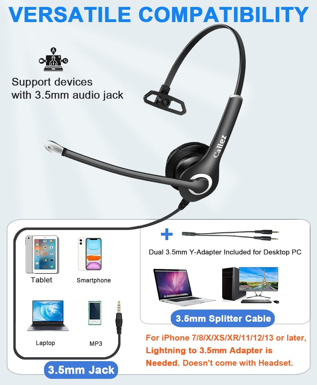 Callez 3.5Mm Cell Phone Headset With Call Control, Computer Headset With Microphone Noise Cancelling For Iphone Samsung Ipad Pc Skype Office Meetings Call Center Work, Clear Chat, Super Comfort