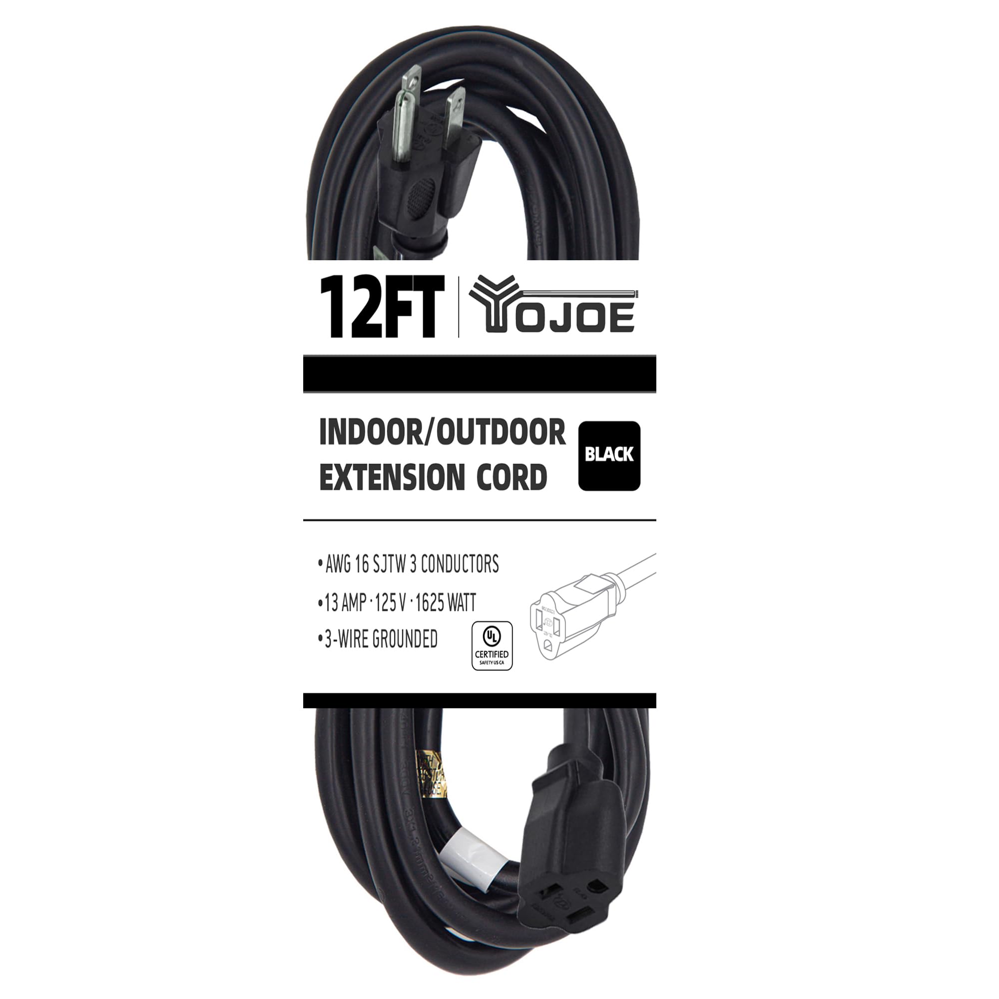 Yojoe Indoor Outdoor Extension Cord, 3 Prong 13A Weatherproof Power Extension Cord, 16 Gauge Heavy Duty 12 Ft Black Extension Co