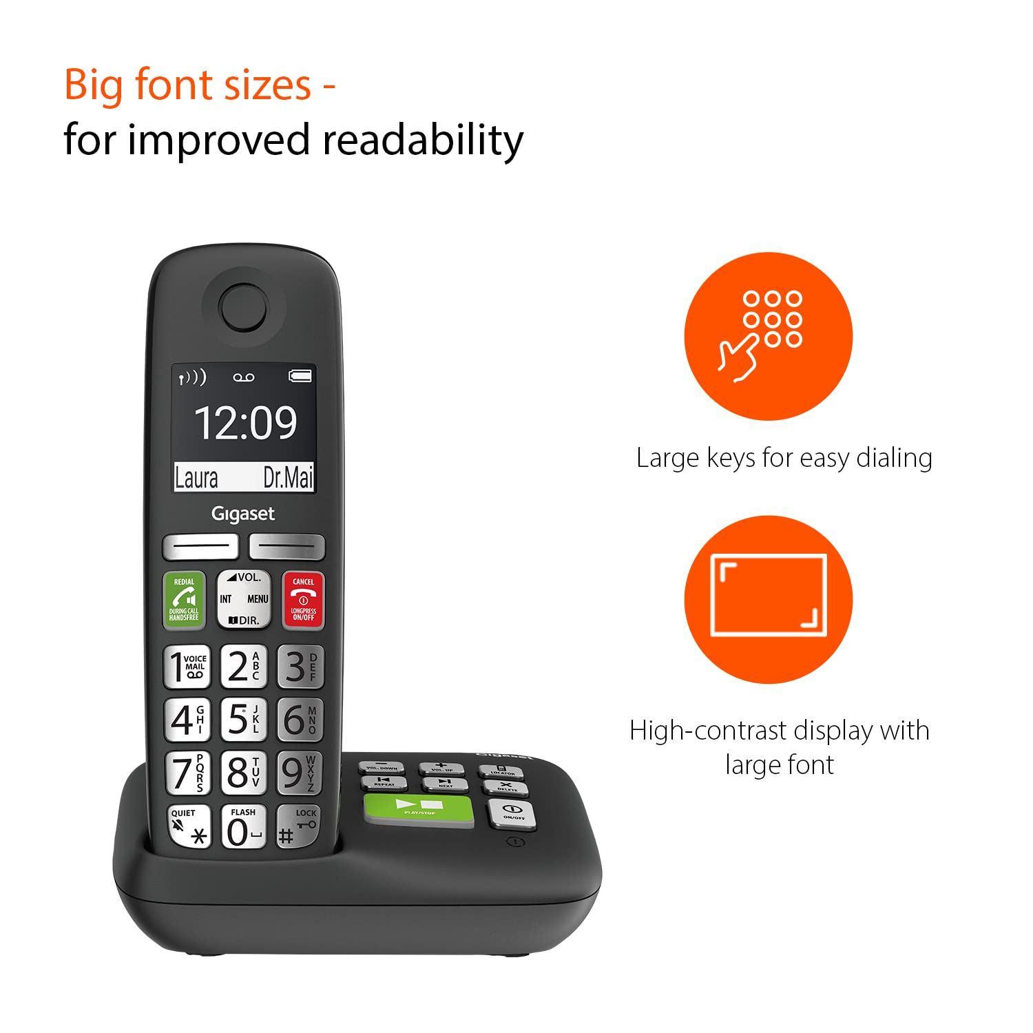 Gigaset E295A   Cordless Big Button Phone   Made In Germany   Big 2� Display   Extra Large Keys And Easy Usability   Call Blocker   Phonebook Up To 100 Contacts, Black