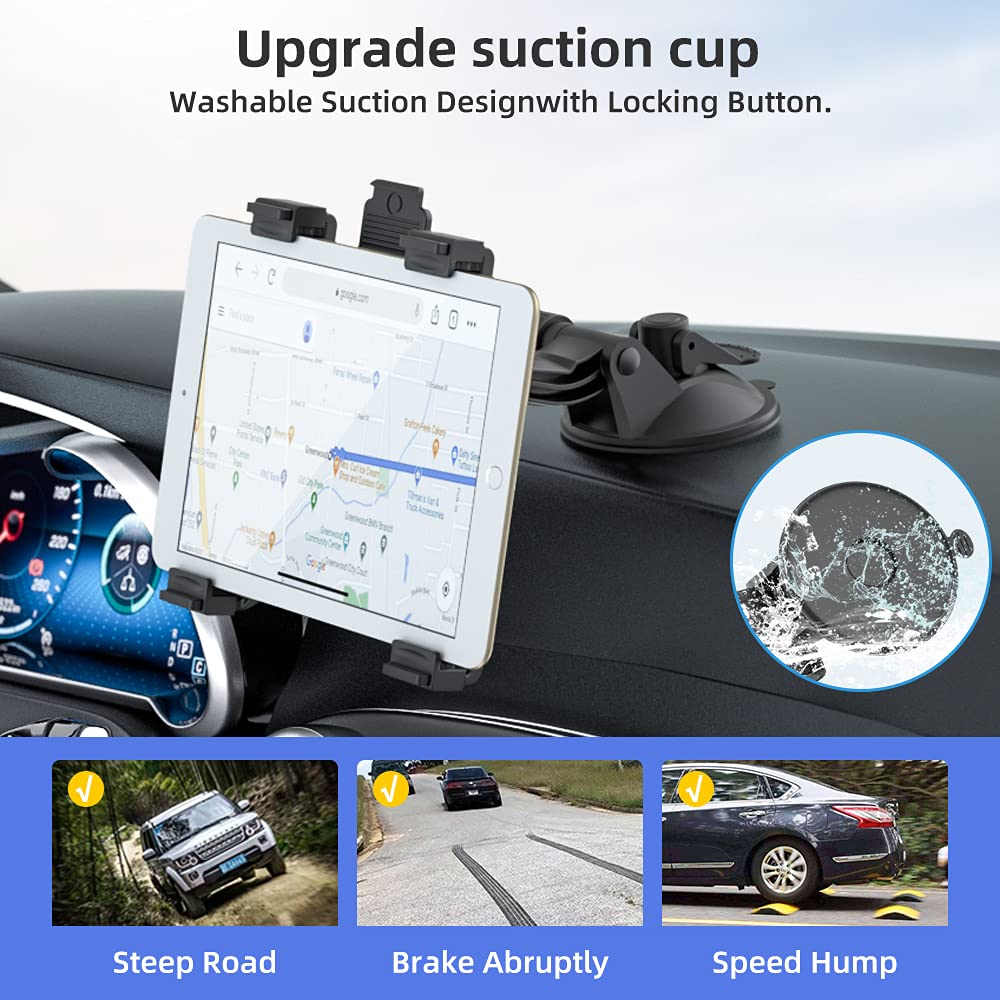 Ohlpro Tablet Holder For Car Dashboard, Ipad Car Suction Cup Mount For Truck Windshield Vent With Flexible Arm Clip, For All 6''