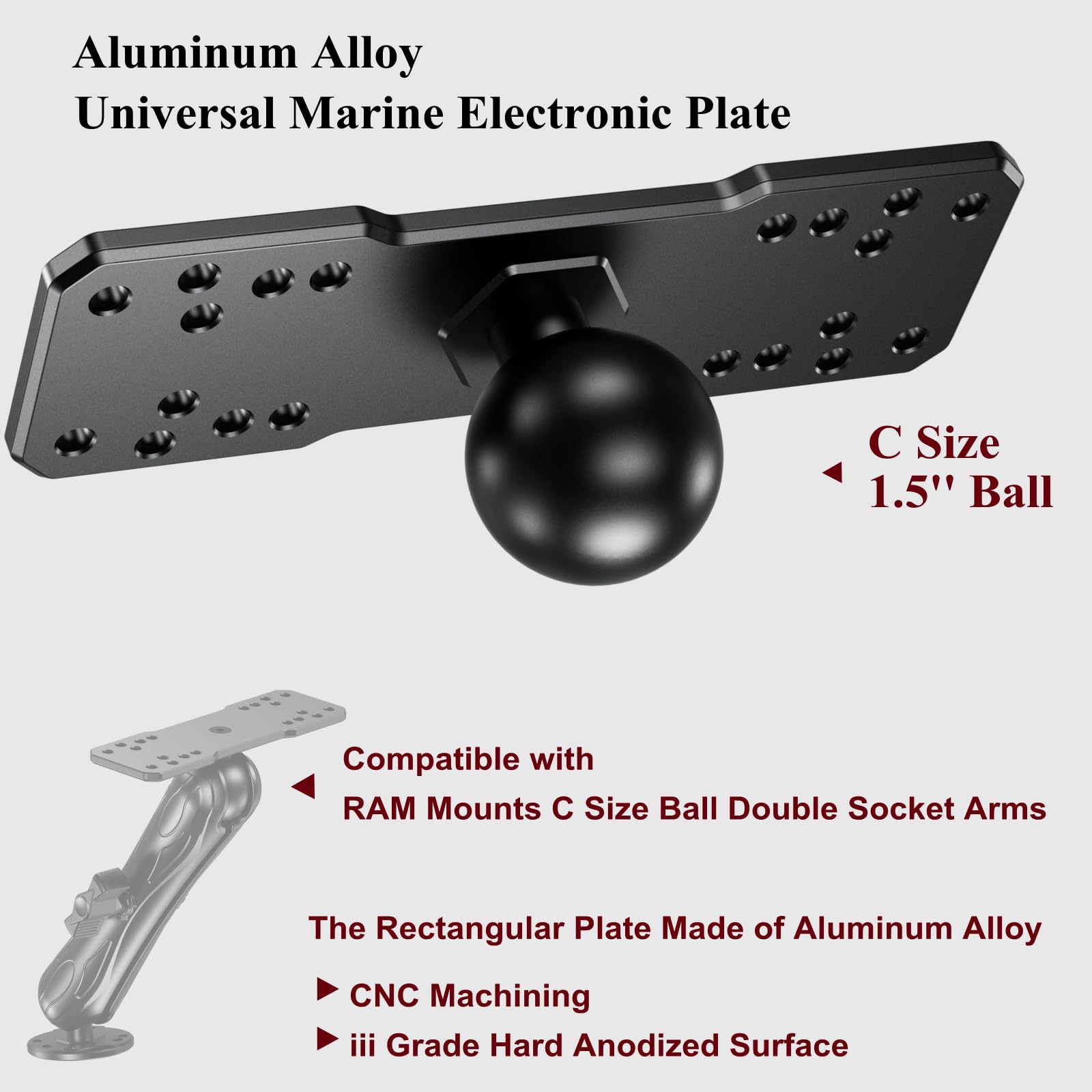 Brcovan 1.5'' Ball Fish Finder Mount Plate, Aluminum Alloy Universal Marine Electronic Plate For Garmin, Humminbird, Lowrance, R