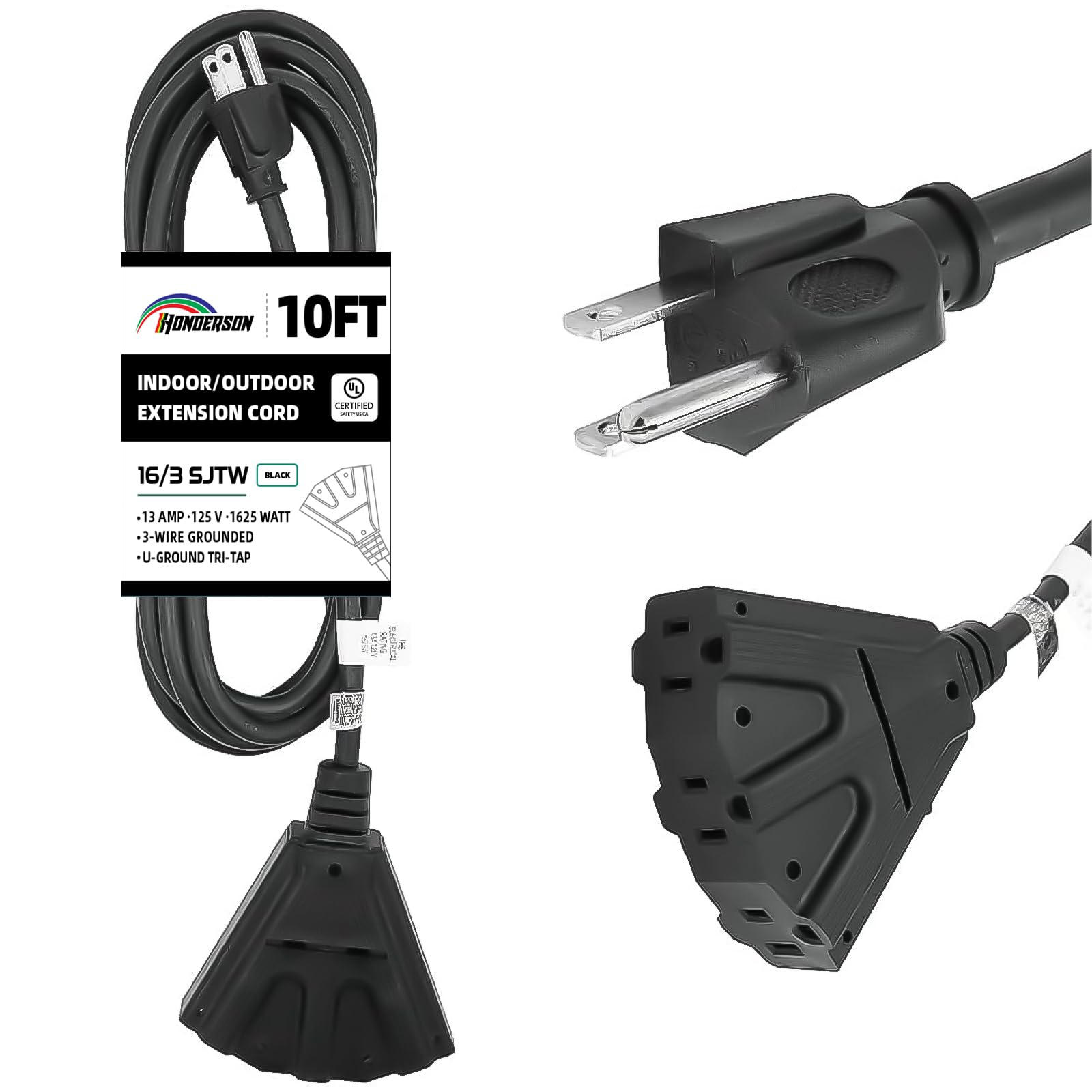 Honderson 3 Outlets Indoor Outdoor Extension Cord Weatherproof, Ul Listed, 16 Gauge 10Ft Black 3 Prong Heavy Duty, 16/3 Sjtw 13A