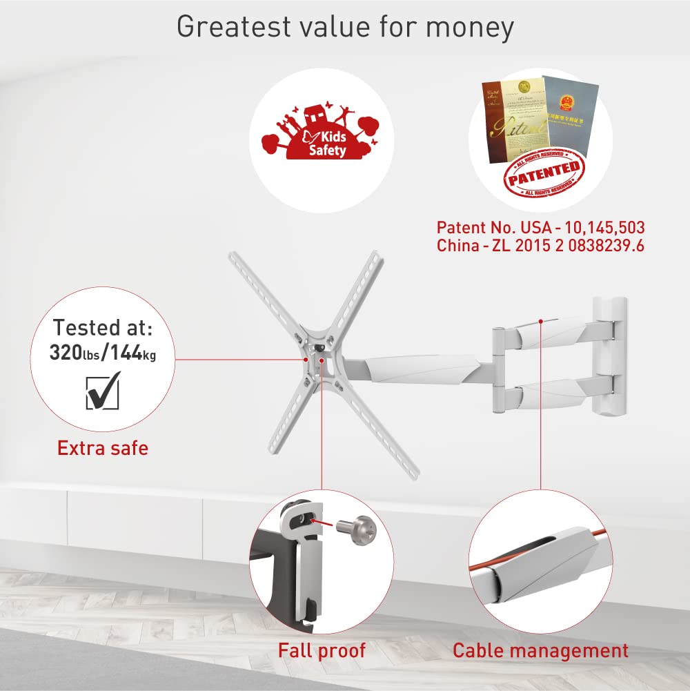 Barkan Long White Tv Wall Mount, 13 65 Inch Full Motion Articulating   4 Movement Flat/Curved Screen Bracket, Holds Up To 79Lbs,