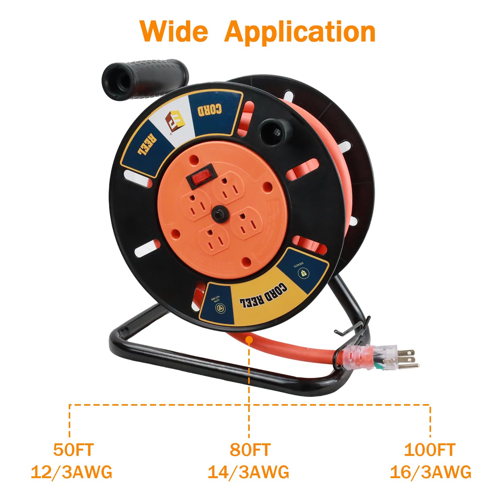 EP Heavy Duty Extension Cord Storage Reel 4-Grounded Outlets Metal Orange Empty Hand Crank